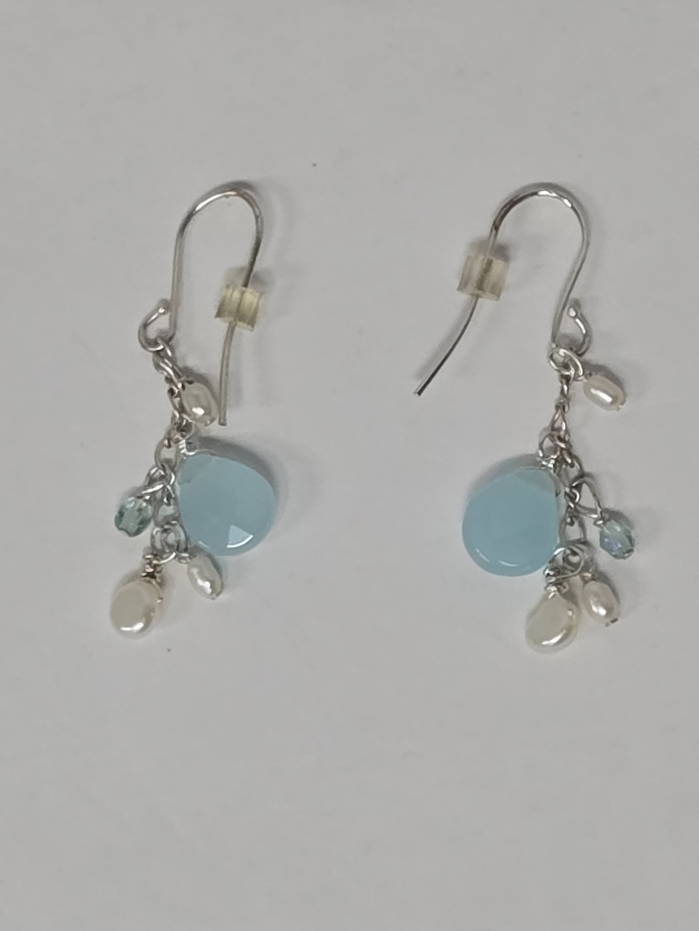 Bella Anela Jewrlry Chalcedony FW Pearl Blue Topaz Sterling ER EUC 1.5" Drop
